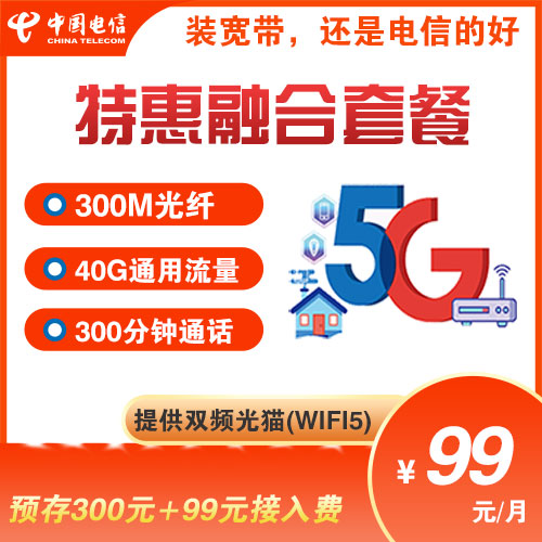 特惠套餐99元/月=300M光纤 40G流量 300分钟通话